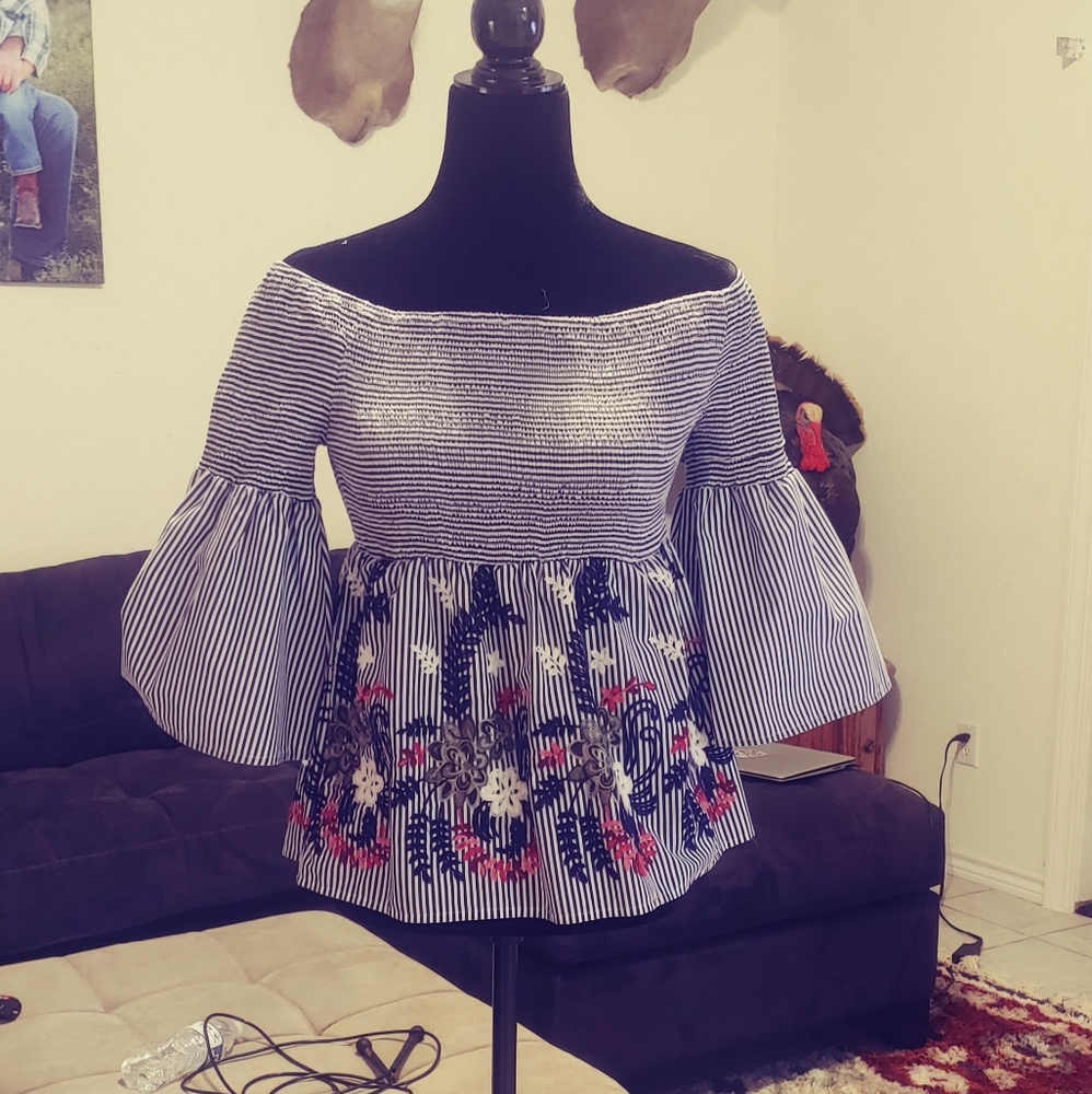 Off shoulder floral and stripe stitch